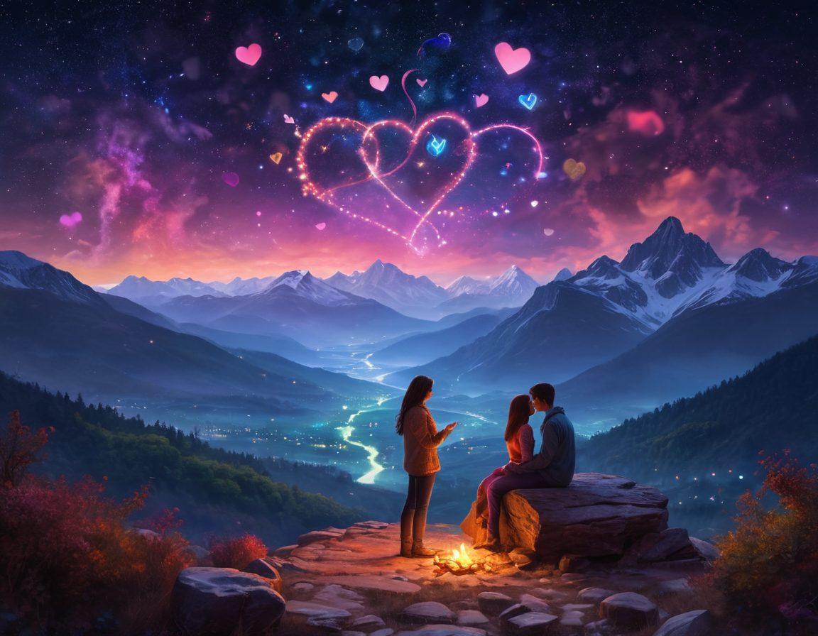 An enchanting scene depicting a couple engaged in a meaningful conversation under a starry night sky, surrounded by colorful glowing hearts and chemistry symbols intertwining. The couple should exude warmth and connection, mountains in the background adding depth. Soft, ambient light to evoke intimacy and trust. romantic realism. vibrant colors. ethereal atmosphere.