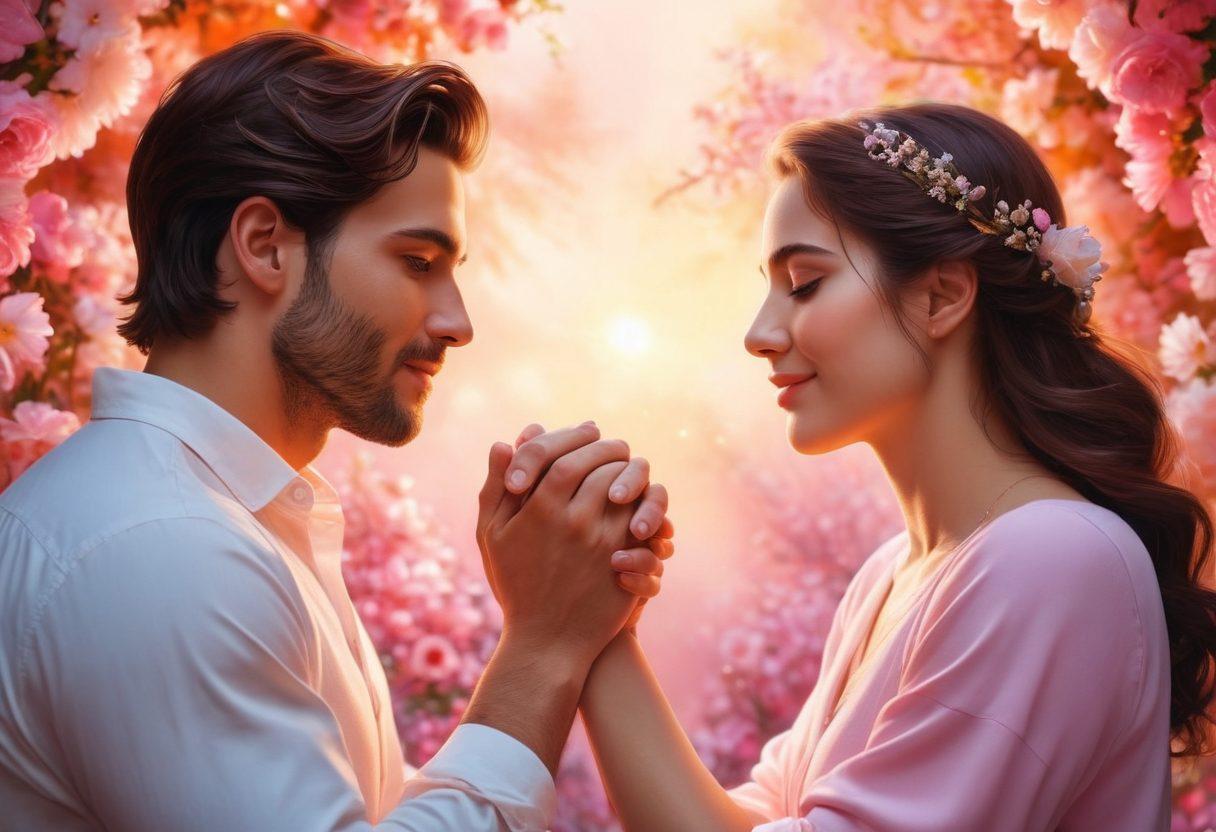 A heartwarming scene depicting two individuals sharing an intimate moment, surrounded by soft, glowing light that symbolizes affection. They are holding hands, with subtle expressions of joy and warmth on their faces, while a colorful backdrop of blooming flowers represents emotional growth. The atmosphere is filled with gentle hues of pink and gold, evoking feelings of love and connection. super-realistic. vibrant colors. dreamy background.