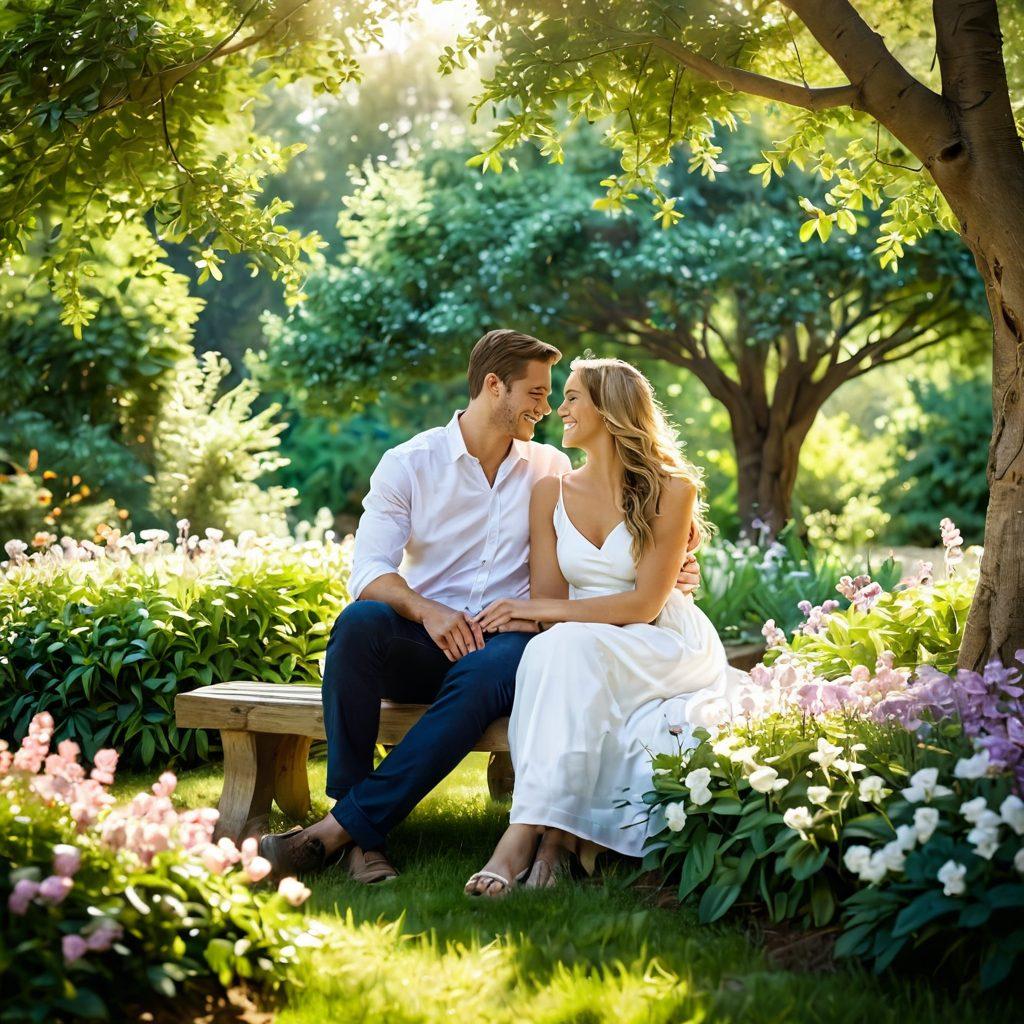 A romantic scene featuring a couple sitting together in a lush, serene park, sharing laughter while surrounded by blooming flowers and soft sunlight filtering through the trees. Include elements like intertwined hands, soft smiles, and a warm, inviting atmosphere to emphasize connection and intimacy. super-realistic. vibrant colors. natural lighting.